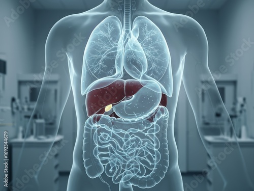 A 3D medical rendering of a translucent human torso showcasing internal organs like lungs, liver, gallbladder, stomach, and intestines, against a blurred clinical background.