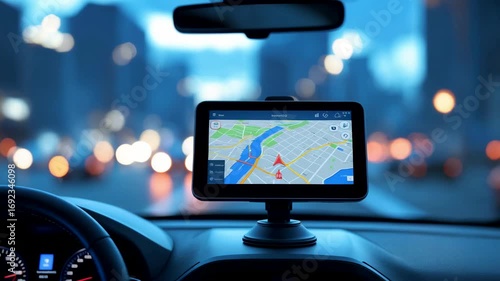 Car dashboard with GPS navigation screen showing city route while driving through glowing blurred night traffic lights