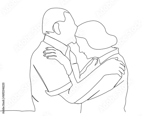 Old couple's forehead kiss in continuous line art