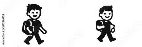 Happy young boy student walking with a backpack icon set for school and education concepts, simple black and white silhouette symbol