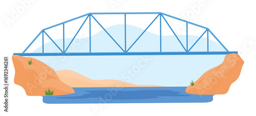 An illustration of a metal road bridge that connects two banks, towering over a river. The surrounding landscape includes rocky banks and gentle hills under a clear sky.