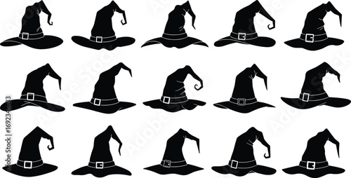 Collection of black silhouette witch hats with buckles, various shapes and styles, perfect for Halloween, magic, fantasy, and costume designs.t