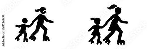 Parent and child roller skating together, active family leisure activity, outdoor recreation and healthy lifestyle