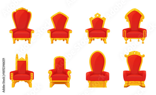 Vector set of royal thrones. Each throne is designed in a vibrant red color with ornate gold accents, embodying the luxury and sophistication worthy of royalty.