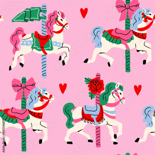 Carousel horses. Cute bright colorful merry go round horses. Retro vintage carousel style. Hand drawn modern Vector illustration. Square seamless Pattern, background, wallpaper
