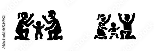 Family with baby learning to walk icon set with mother and father encouraging toddler first steps black glyph silhouette