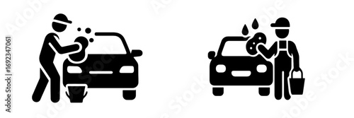 Car wash service icon set with a person cleaning an automobile with a sponge and bucket, simple black and white pictogram for vehicle maintenance and detailing