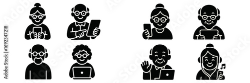 Glyph icon set of senior citizens using modern technology for communication, featuring an elderly man and woman with a smartphone, tablet, and laptop