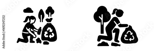 Volunteer cleaning up garbage in a park, environmental conservation and recycling concept icons set on a white background