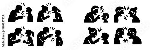 A set of black silhouette icons depicting family conflict, domestic abuse, parents arguing with children, and couples fighting