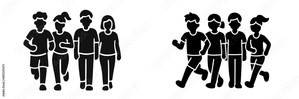 Fototapeta premium Group of people running and walking silhouette icon set for fitness and exercise concepts on a white background