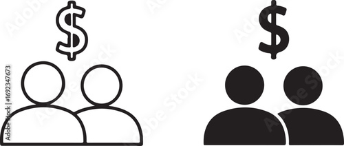 Vector art of icon of two people with dollar sign above their heads concept for money sharing, investment, and finance