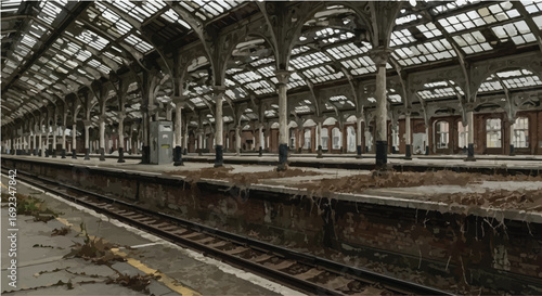 Abandoned train station platform with overgrown vegetation, evoking a sense of decay and forgotten journeys.
