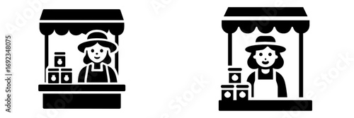 Woman vendor at a farmers market stall selling homemade jam in jars, a simple black and white glyph icon for local business and entrepreneurship
