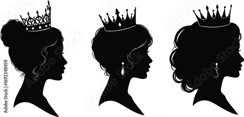 Vector silhouettes of women wearing crowns, representing royalty and elegance, ideal for designs related to queens, princesses, and noble themes in black and white