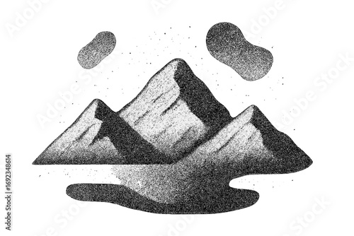 Black and white mountain range with stippling texture and abstract clouds isolated on a white background