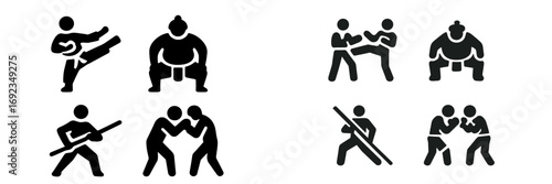 Martial arts and combat sports icon set with black silhouettes of fighters in various poses like karate, sumo, and boxing