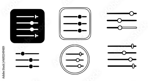Set of five slider control icons for settings audio and volume adjustment graphics