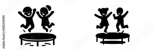 Children jumping on a trampoline icon set with happy boy and girl silhouettes for fun activity and childhood play concepts