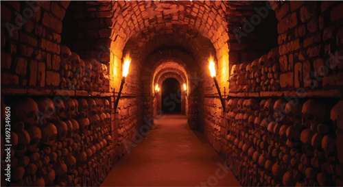 Mysterious dimly lit stone cellar filled with barrels and illuminated by flickering torches
