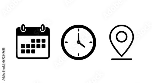 Calendar clock location icons set for scheduling events and planning meetings simple icons