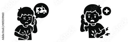 Young boy experiencing severe abdominal pain and discomfort, making an urgent phone call for emergency medical assistance
