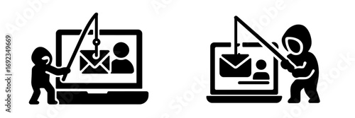 Cybersecurity concept with a hooded figure stealing personal information from a laptop using a phishing email scam