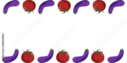 Vector vegetable frame design. Perfect moussaka ingredient Frame with empty space for text of recipe. Eggplant and tomatoes Frame isolated transparent background. EPS 10