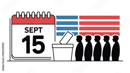 A calendar marked september fifteenth with a ballot box and people in line with american flag colors