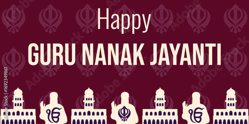 Guru Nanak holiday banner. Vector illustration of Guru Nanak deva one god symbol temple frame and greeting text. Perfect indian Guru Nanak web background. EPS 10