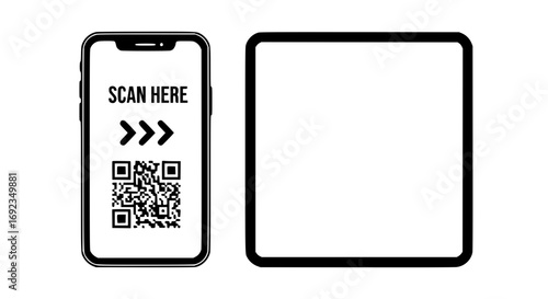 Smartphone and tablet displaying qr code and blank screen for digital interaction