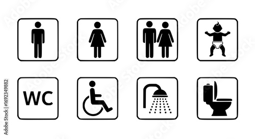 Set of diverse public restroom icons including gender neutral accessible and baby changing facilities