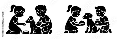 Kids feeding their pet dogs with food bowls, demonstrating responsibility and care for their animal companions
