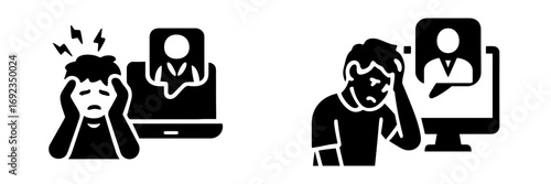 Person experiencing video call fatigue and online meeting stress from remote work communication causing headache