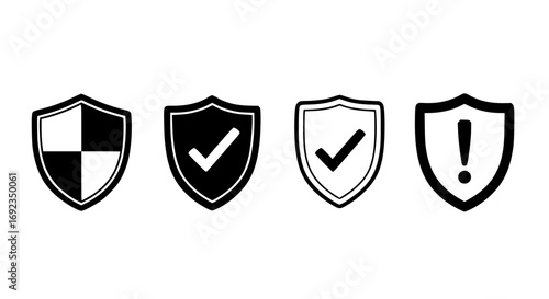 Collection of four shield icons featuring security and verification symbols