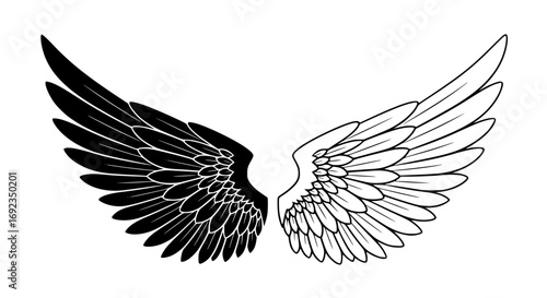 Striking yin yang angel wings design symbolizing duality and contrast in a black and white sketch