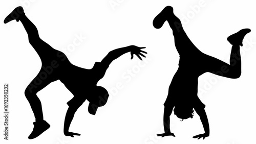 Silhouette of two breakdancers performing handstands with legs raised on a white background in a studio