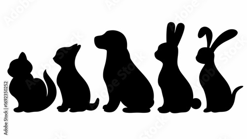 Silhouettes of domestic animals including cats dogs and rabbits arranged in a horizontal line formation art 100