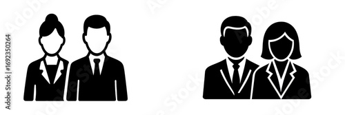 Business people icon set featuring a man and woman in formal suits for a corporate team or professional user profile avatar