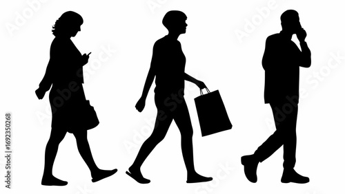 Silhouettes of three people walking one with phone one with shopping bag and one with mobile phone in hand