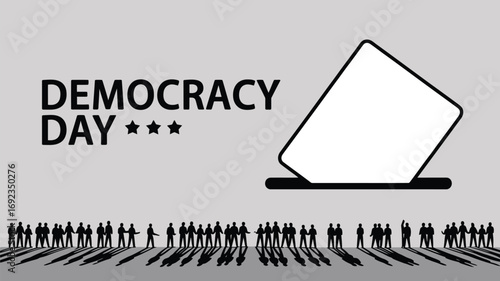 A democracy day graphic with voting box and crowd silhouettes against a light gray background