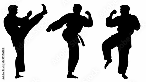 Three silhouettes of a person performing karate kicks and punches in various stances on a white background