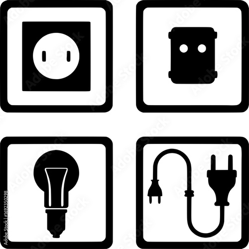 Vector grid layout of electrical supply icons: generator, control panel, lighting, plugs, extension cords, drawn in minimalist style.