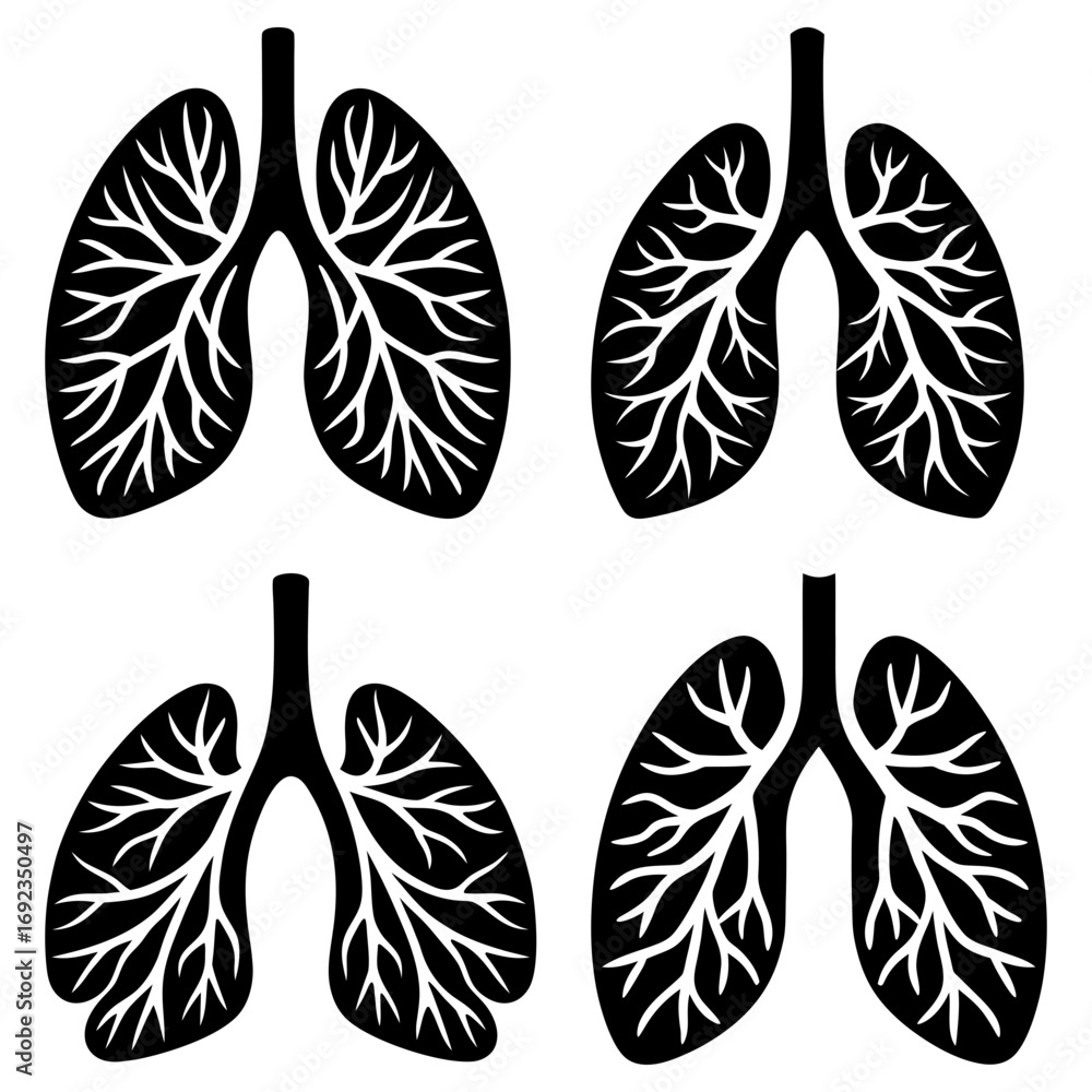 Fototapeta premium Four stylized black lung illustrations with intricate branching patterns on a white background display health