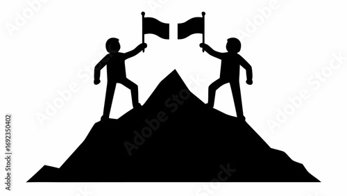 Two people standing on top of a mountain holding flags in a black and white silhouette illustration