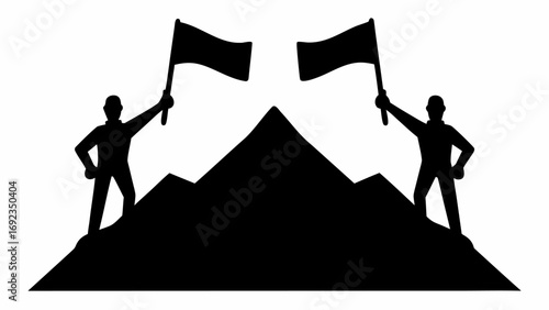 Two silhouetted figures atop a mountain peak holding flags symbolizing achievement and successful climbing venture