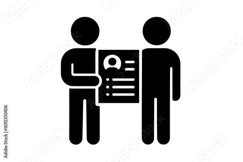 Glyph icon of a job applicant presenting a resume to a recruiter during an interview for the human resources hiring process