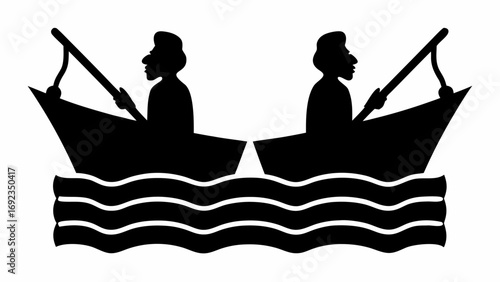 Two silhouetted figures in boats fishing on wavy water in a mirrored black and white symmetrical design