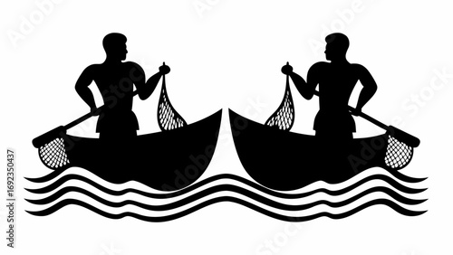 Two silhouettes of fishermen in boats with nets on water creating a symmetrical design element image