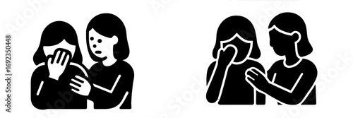 Simple black icons depicting a person consoling a crying friend, a concept of empathy, support, compassion, and friendship in difficult times